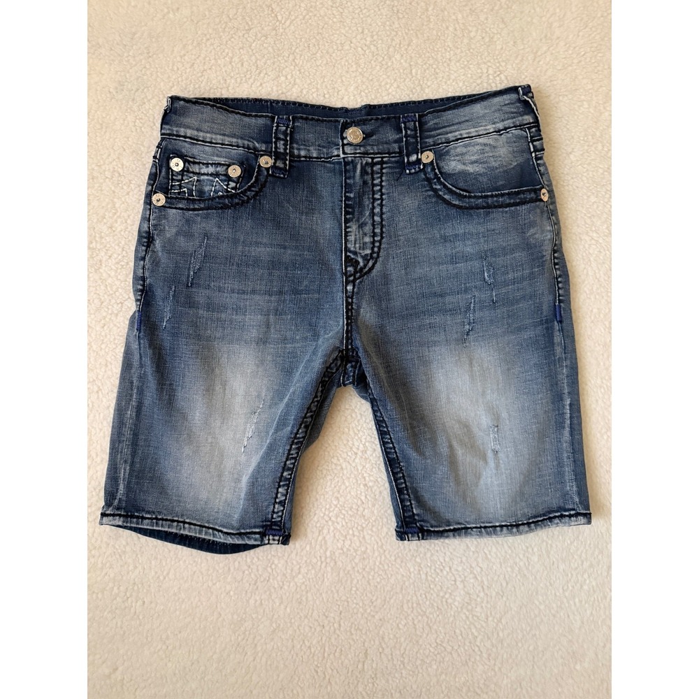 True Religion Denim Shorts Mens 34 Blue Wash 9" Inseam Stretch Slim Bermuda